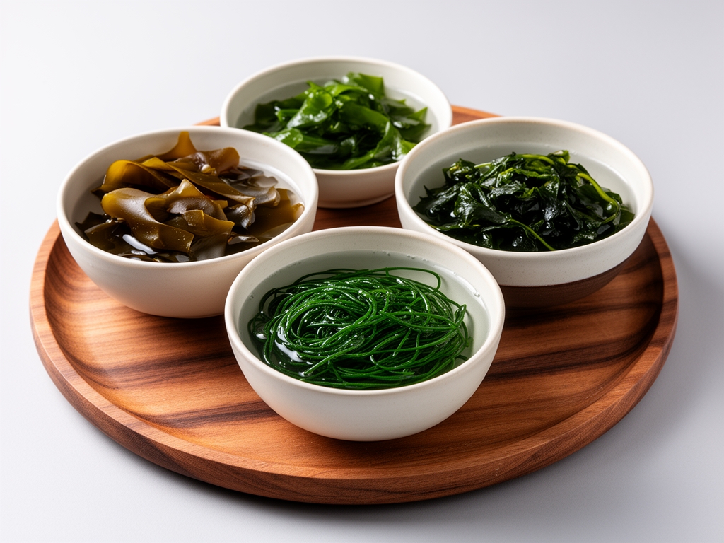 Algues marines fraîches de plusieurs variétés dont laminaire brun-vert, spiruline vert intense et wakame dans des bols en céramique minimalistes sur plateau en bois de teck, eau translucide visible dans certains bols, éclairage neutre de studio mettant en valeur les teintes naturelles des algues