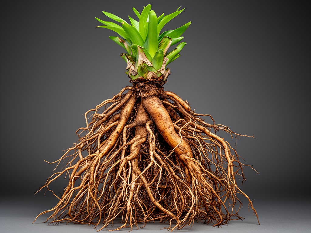 Racine d'ashwagandha fraîche et poudre d'ashwagandha de couleur beige-ocre dans un bol en céramique rustique brun, accompagnées de feuilles vertes séchées sur fond de pierre naturelle grise, éclairage dramatique en clair-obscur révélant les textures fibreuses de la racine