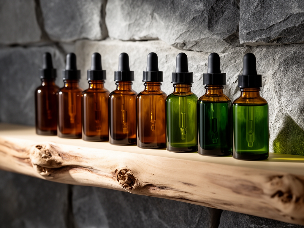 Flacons en verre ambré avec compte-gouttes contenant des extraits de plantes liquides aux teintes allant du brun clair au vert foncé, rangés sur une étagère en bois flotté clair contre un mur en pierre naturelle grise, lumière latérale douce créant des reflets à travers le verre coloré