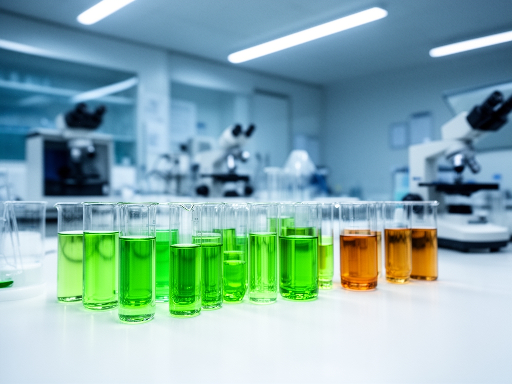 Intérieur de laboratoire de recherche moderne et épuré avec des éprouvettes en verre transparent contenant des liquides aux teintes vertes et ambrées, paillasses blanches brillantes sous lumière artificielle froide et directionnelle, équipement analytique de précision en arrière-plan flou, atmosphère stérile et scientifique