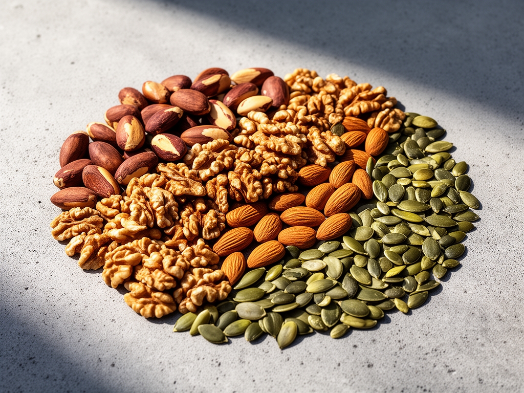 Noix brésiliennes, amandes et graines de citrouille riches en magnésium arrangées en composition organique sur une surface en béton gris avec des ombres douces et un éclairage naturel matinal, textures coquilles et surfaces mats contrastantes