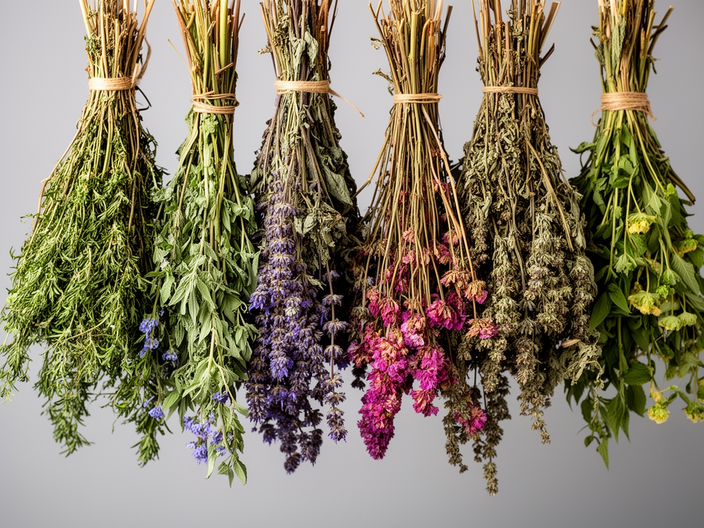 Bouquets de plantes médicinales aromatiques séchées suspendus à l'envers, incluant lavande violette, thym gris-vert et sauge argentée, contre un mur en plâtre blanc texturé, lumière naturelle latérale créant des ombres délicates qui révèlent les fines structures des feuilles et des fleurs