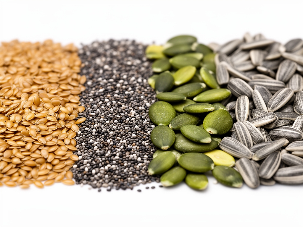 Assortiment de graines et semences variées disposées en rangées ordonnées sur fond blanc : graines de lin dorées, graines de chia noires, graines de courge vertes et graines de tournesol grises, macro-photographie avec profondeur de champ réduite révélant les textures de surface de chaque graine