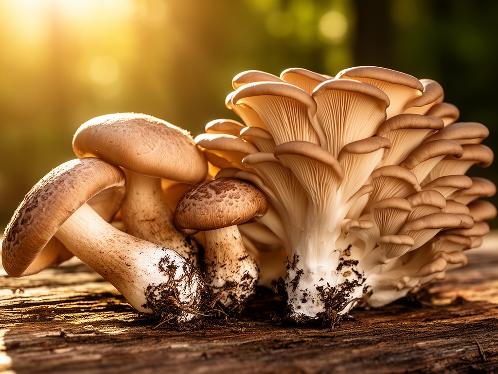 Champignons frais sauvages shiitake et maitake exposés à la lumière naturelle du soleil sur une surface en bois rustique, spores et lamelles visibles en macro, lumière chaude de l'après-midi créant des reflets dorés sur les surfaces brunâtres texturées